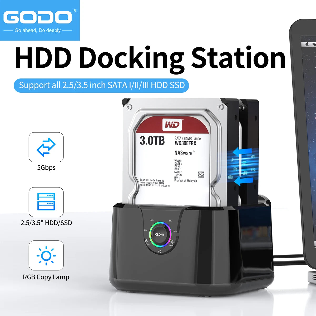GODO Dual Bay USB 3.0 Hard Drive Docking Station – SATA 2.5"/3.5" HDD & SSD Enclosure with LED Indicator and Fast Data Transfer