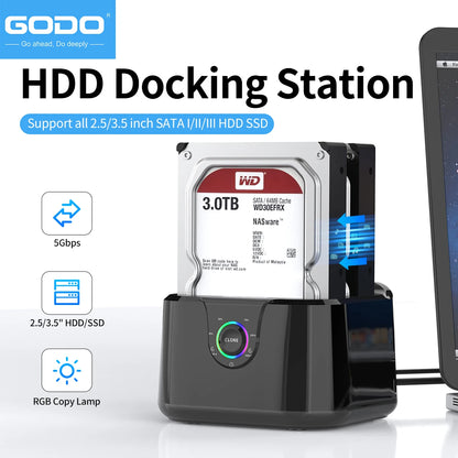 GODO Dual Bay USB 3.0 Hard Drive Docking Station – SATA 2.5"/3.5" HDD & SSD Enclosure with LED Indicator and Fast Data Transfer