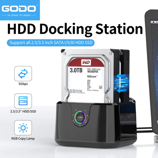 GODO Dual Bay USB 3.0 Hard Drive Docking Station – SATA 2.5"/3.5" HDD & SSD Enclosure with LED Indicator and Fast Data Transfer