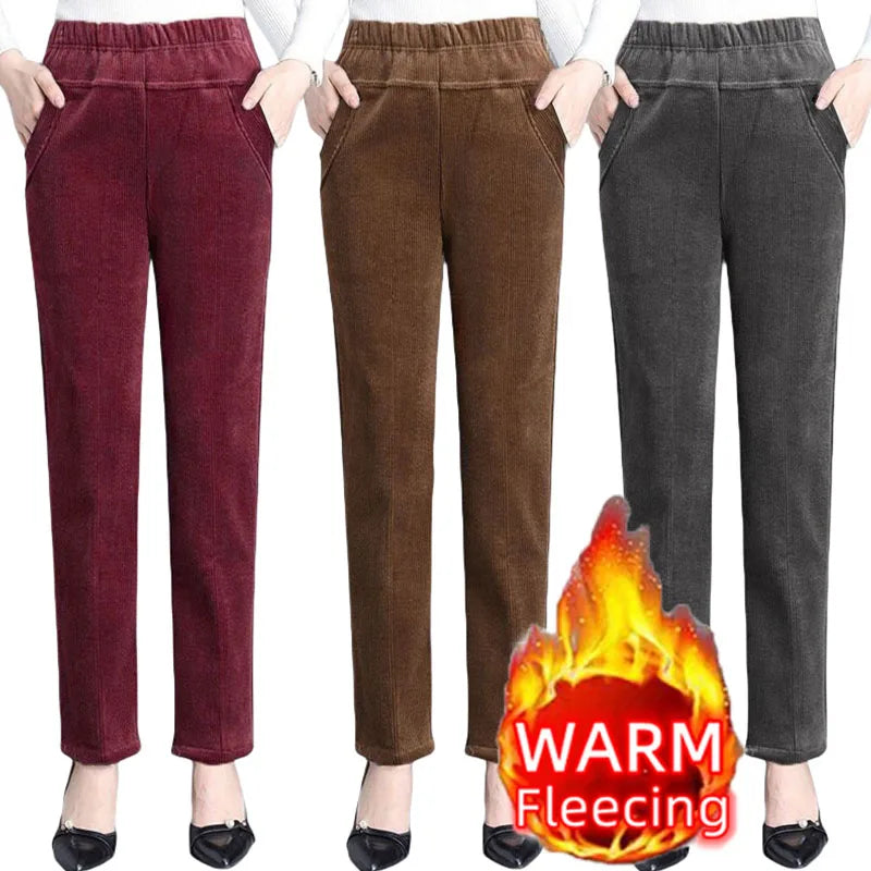 Women's Plush Thick Casual Pants - Fleece Corduroy High Waist Leggings for Autumn/Winter - Warm Pencil Trousers
