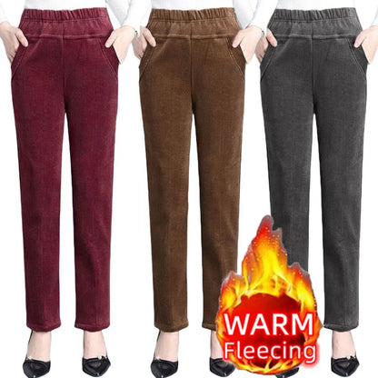 Women's Plush Thick Casual Pants - Fleece Corduroy High Waist Leggings for Autumn/Winter - Warm Pencil Trousers