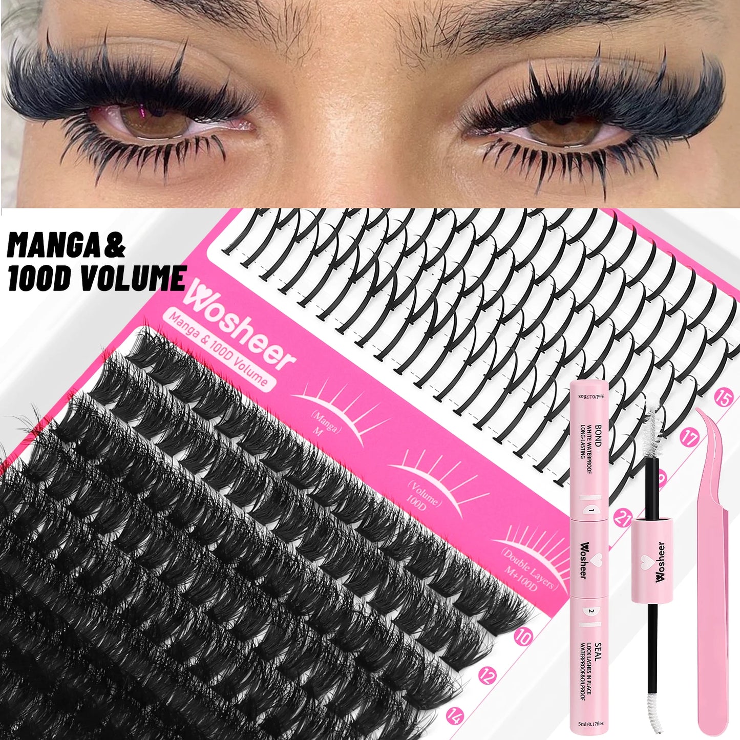 WOSHEER Lash Clusters Kit – Spiky Volume Individual Eyelash Extensions DIY Manga-Style Faux Mink Cluster Lashes