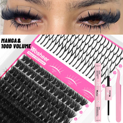 WOSHEER Lash Clusters Kit – Spiky Volume Individual Eyelash Extensions DIY Manga-Style Faux Mink Cluster Lashes