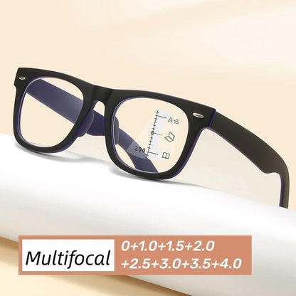 HD Progressive Multifocal Reading Glasses – Vintage Square Anti-Blue Light Eyewear for Men & Women
