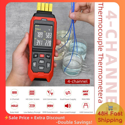 4-Channel Thermocouple Thermometer - High-Precision USB Data Logger with 5000 Records for HVAC & Appliance Repair