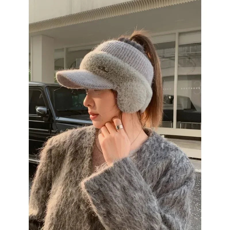 Winter Hats for Women 2023 – Fashionable Knitted Earflap Baseball Cap, Windproof Ponytail Visor for Outdoor Sports