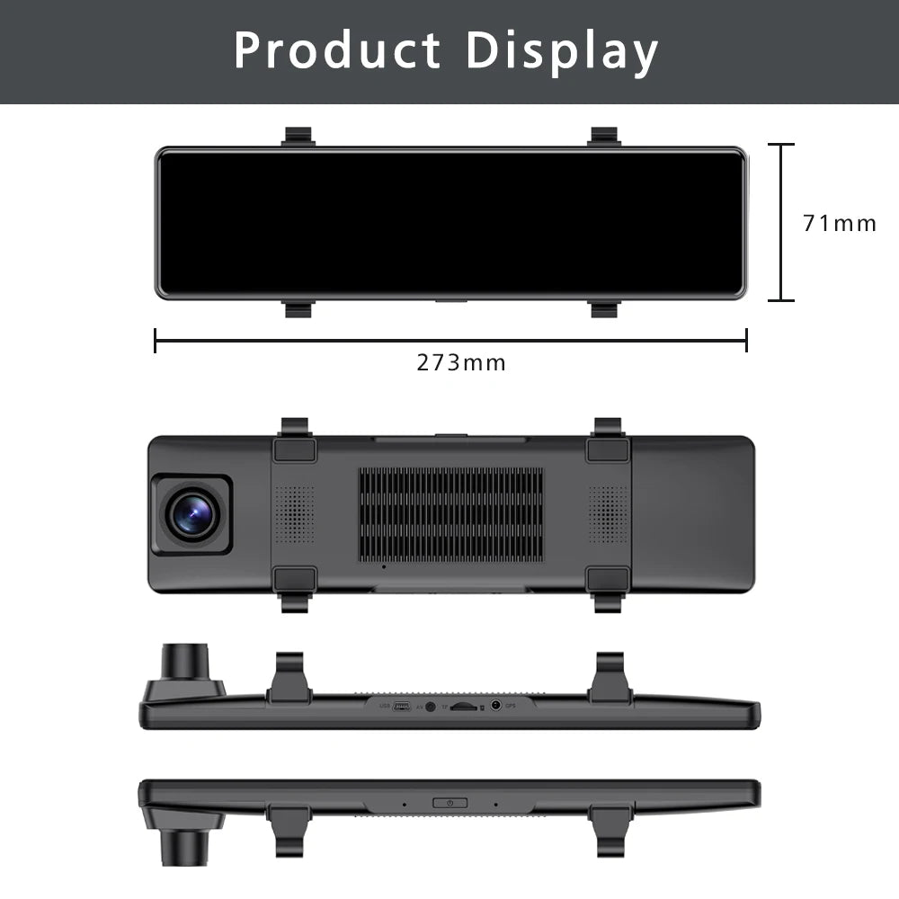 11.26" 4K 2160P Car DVR Dash Cam – CarPlay, Android Auto, GPS, WiFi, Bluetooth, FM, Rear View Mirror Camera & Drive Recorder