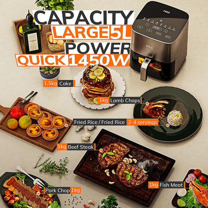 MIUI 5L Air Fryer - Electric Hot Fryer Oven Oilless Cooker with Touch Control, Nonstick Basket, and Visible Window - Family Size