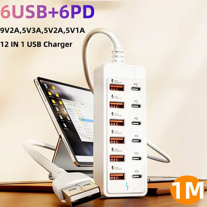 12-in-1 Power Strip & USB Charger Station — Multi-Port Wall/Desktop Adapter with USB-C Fast Charging for iPhone & Samsung