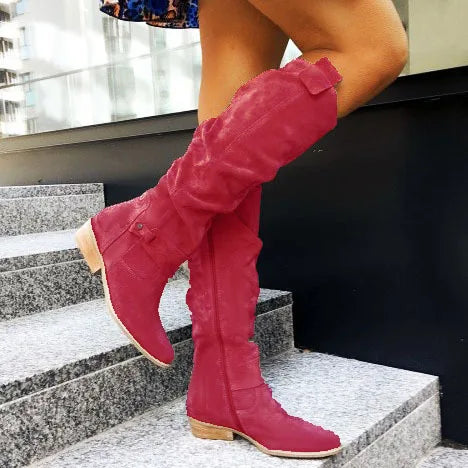 Women’s Thigh-High Suede Boots – Low Heel Side-Zip Knee-High Booties, Retro Autumn Winter Size 43