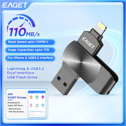 Eaget MFi USB Flash Drive - Lightning to USB 3.2 Memory Stick 64GB 128GB 256GB 1TB for iPhone iPad PC & Laptop