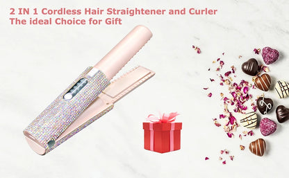 2-in-1 Wireless Hair Straightener & Curler – USB Rechargeable Diamond Design Styling Brush for Travel & Home