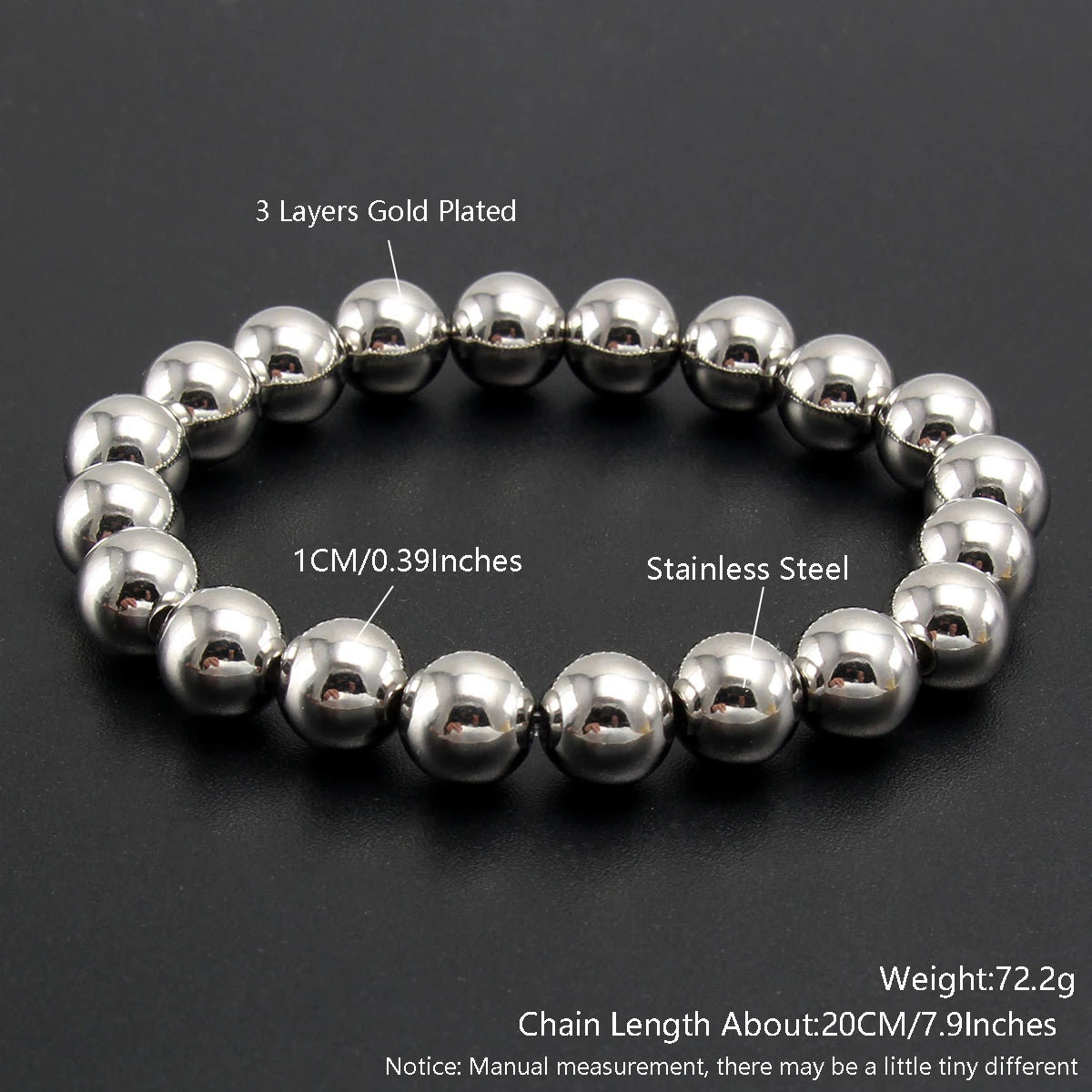 MHS.SUN Trendy Stainless Steel Stretch Bracelet — Gold & Silver Beaded 2mm/5mm/8mm for Men & Women