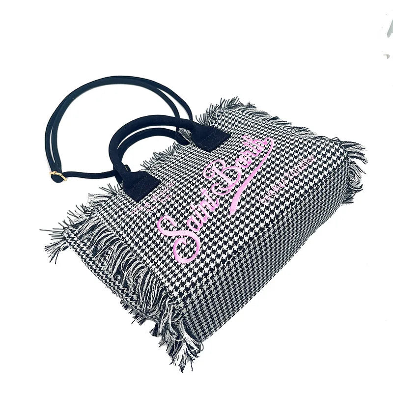 SAINT BARTH Houndstooth Crossbody Bag – Small Cotton Linen Handmade Tote with Tassels for Women