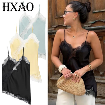 HXAO Women’s Asymmetrical Lace Off-Shoulder Tank Top – Summer 2025 Y2K Black Sleeveless Backless Elegant Camisole Top