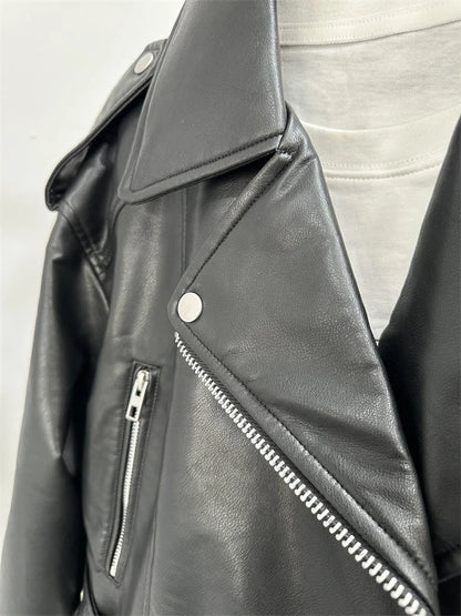 RARF 2024 Women's Washed Leather Jacket – Coal Gray Short Coat with Belt, Vintage Lapel & Zipper