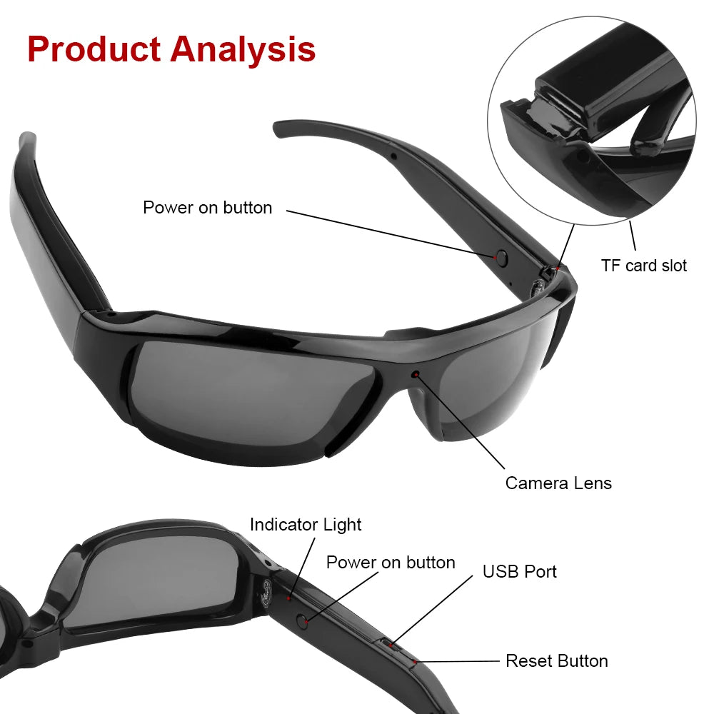 Portable 1080P HD Mini Glasses Camera — Wearable Sunglasses Video Recorder for Outdoor Sports, DVR & Surveillance
