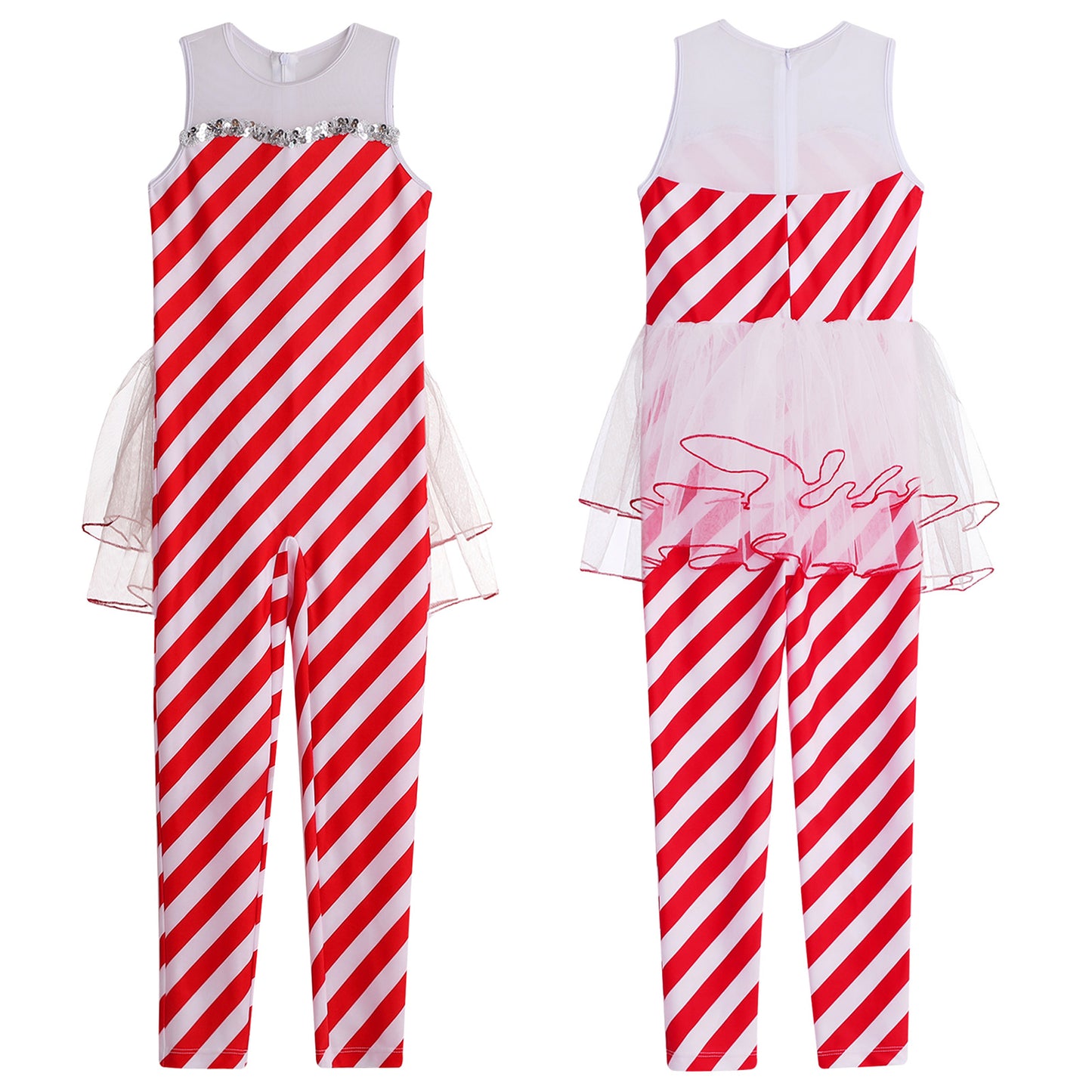 Kids Candy Cane Striped Christmas Tutu Leotard — Sequined Santa Bodysuit for Ballet & Gymnastics