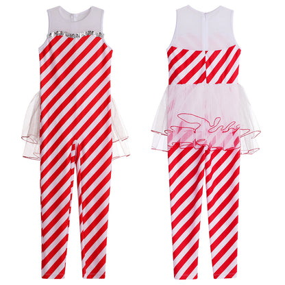 Kids Candy Cane Striped Christmas Tutu Leotard — Sequined Santa Bodysuit for Ballet & Gymnastics