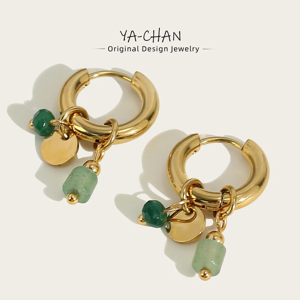 YACHAN 18K Gold-Plated Stainless Steel Hoop Earrings — Vintage Green Stone Charms, Trendy Waterproof Jewelry for Women