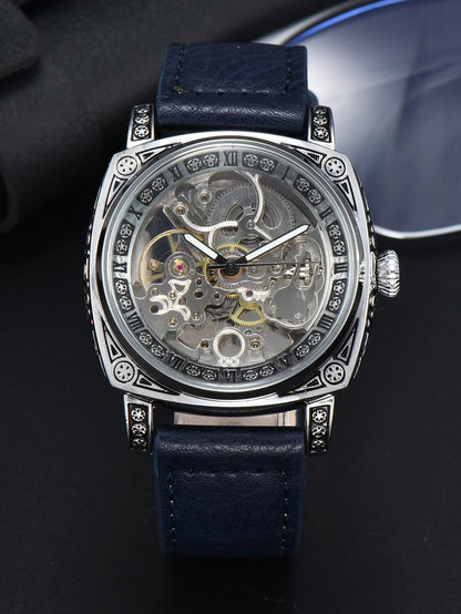 LONGLUX Automatic Mechanical Skeleton Watch – Retro Style Waterproof Leather Men’s Wristwatch, No Logo