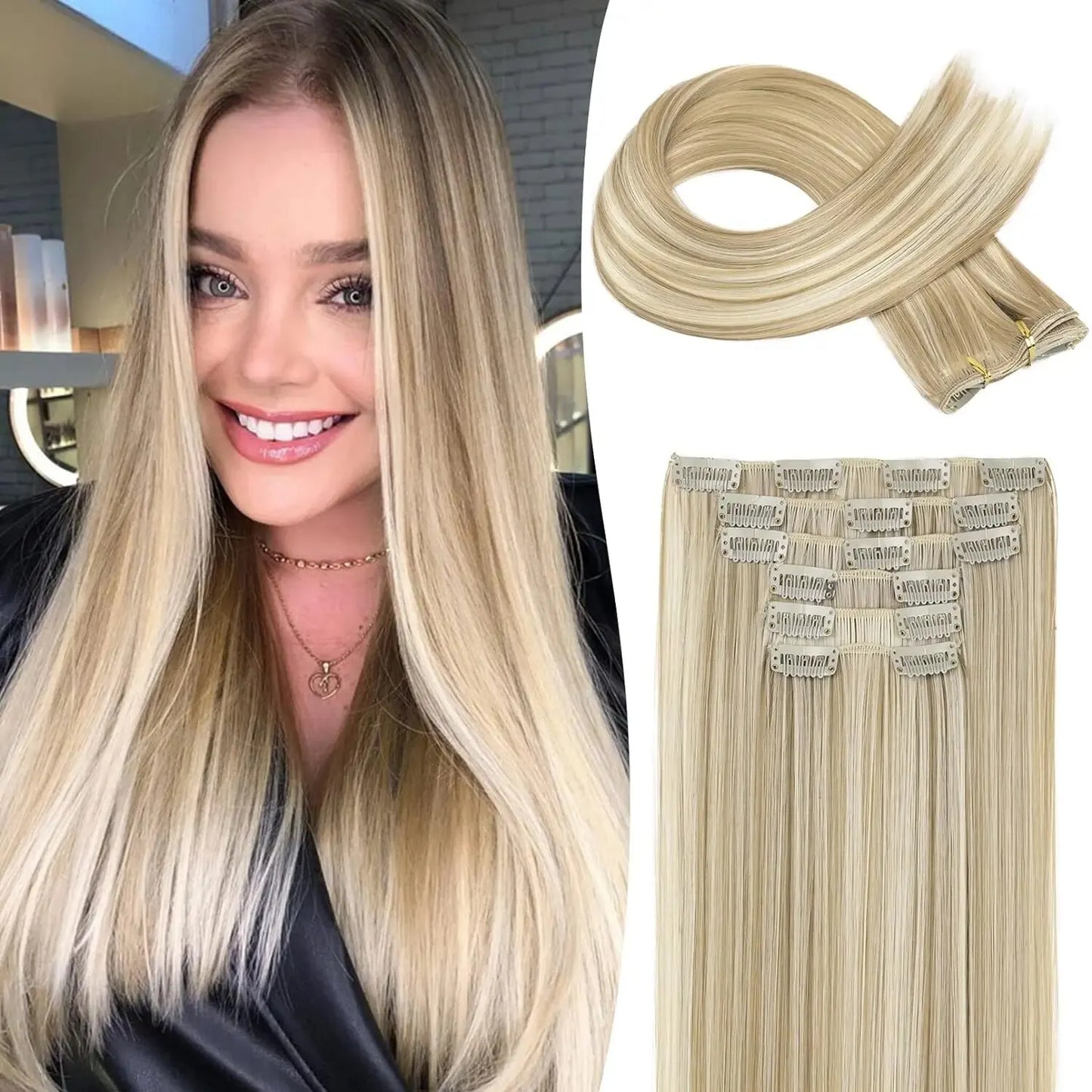 Clip-In Hair Extensions – Thick, Long Lace Weft Lightweight Synthetic Hairpieces for Women
