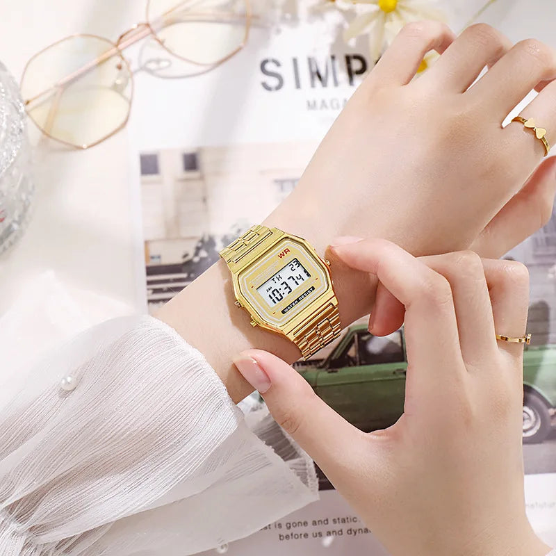 Luxury Rose Gold Digital Watch - Retro Electronic Display Wristwatch for Men and Women