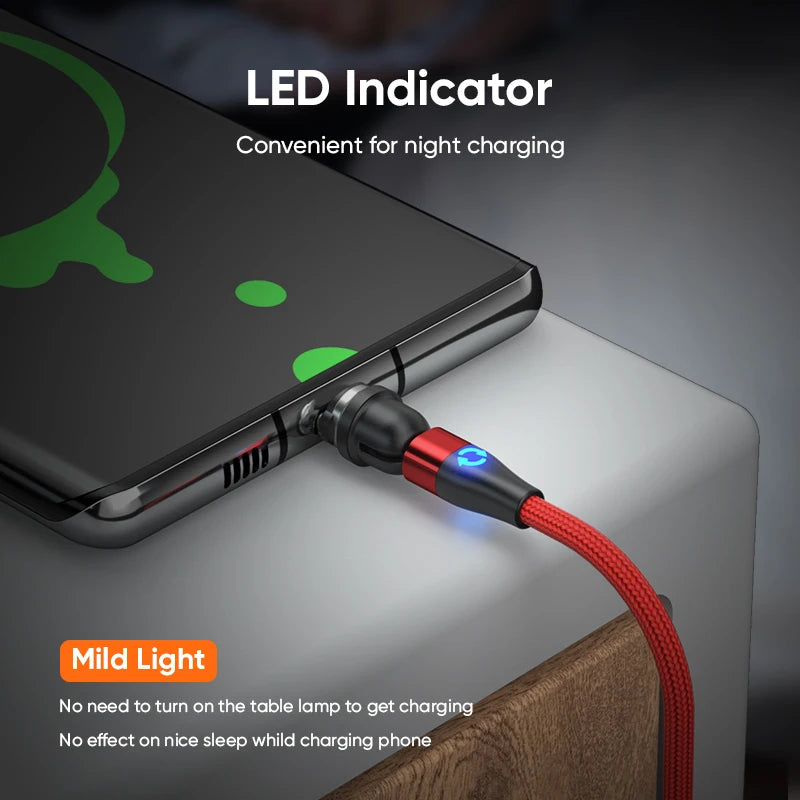 3-in-1 Magnetic Charging Cable — Micro USB & Type-C with 540° Rotate LED for Xiaomi, Samsung, Huawei, iPhone