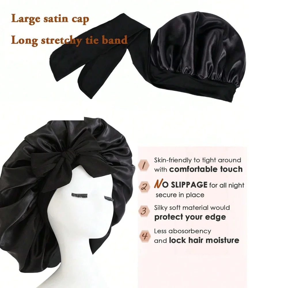 Satin Silk Bonnet – Adjustable Sleeping Hair Bonnet with Tie Band for Women & Men