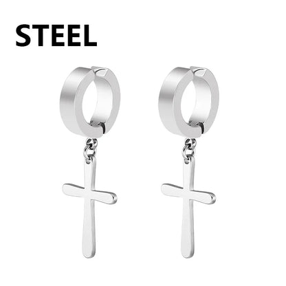 Stainless Steel Cross Star Dangle Earrings - Punk Gothic Hoop Huggie Jewelry for Men & Women