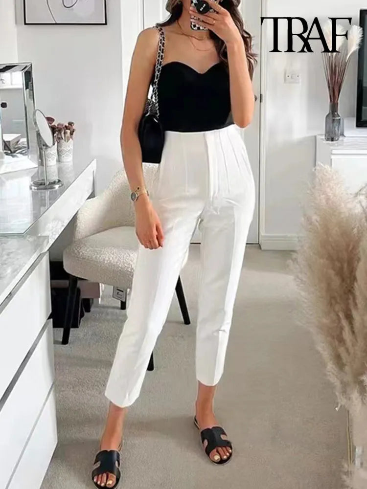 TRAF Women's Fashion Pants: Casual Basic Solid Vintage High Waist Zipper Fly Ankle Trousers with Pockets