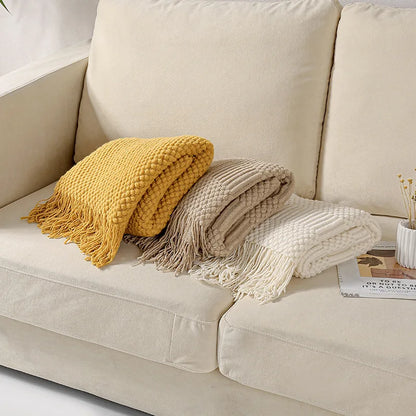 White Boho Throw Blanket – Textured Chunky Knitted Vintage Luxury Bedspread, Sofa Cover Manta Para Sofá