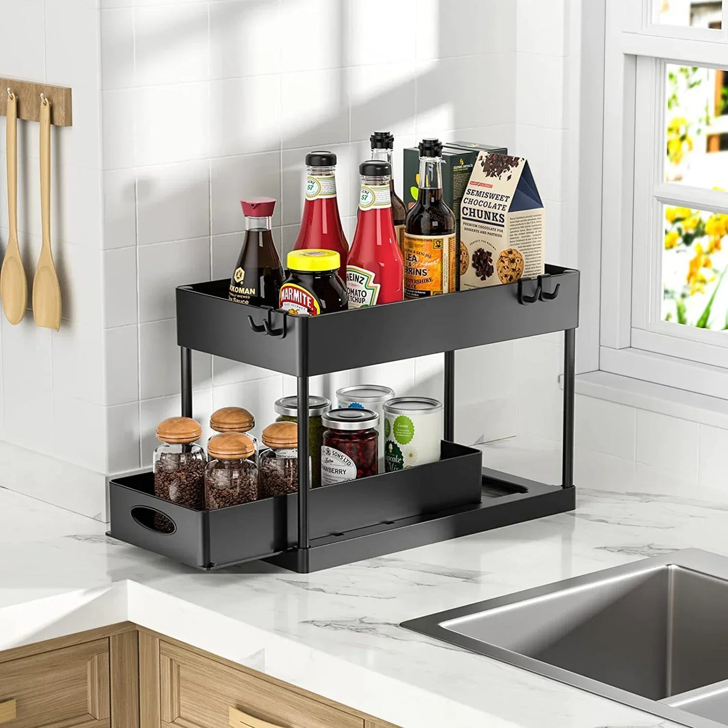 2-Tier Under Sink Organizer - Sliding Cabinet Basket with Hooks, Hanging Cup for Bathroom and Kitchen Storage