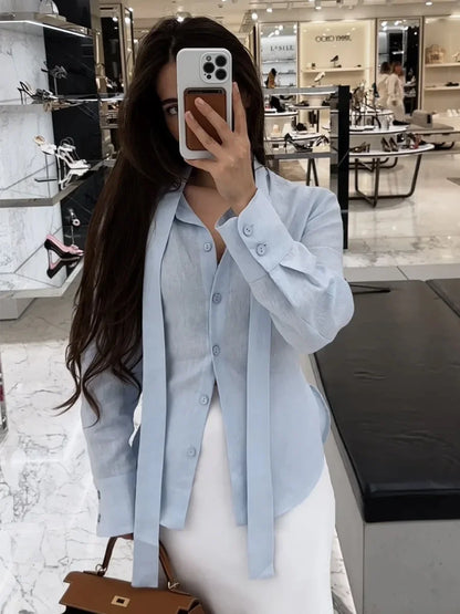 Wolfeel 100% Cotton Women’s Autumn Tie-Belt Shirt, Floating Ribbon Cardigan Slim Fit Commuting Blouse Top
