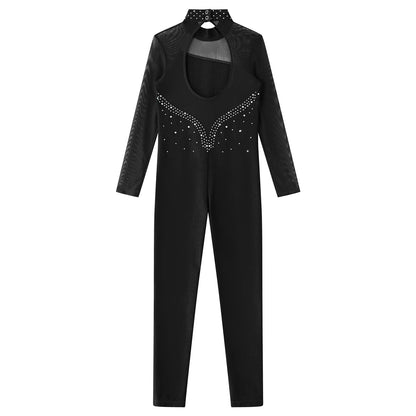 Kids Girls Long Sleeve Rhinestone Bodysuit — Full Body Dancewear Gymnastics Leotard Skating Jumpsuit