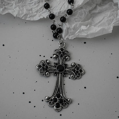Gothic Bat Cross Necklace Set - Y2K Thorn Love Black Beaded Layered Jewelry for Halloween Parties