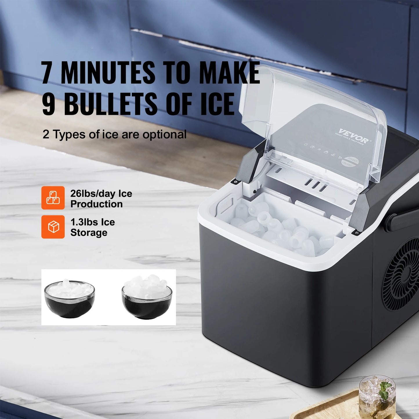 VEVOR Countertop Ice Maker - Self-Cleaning Portable Machine with Ice Scoop & Basket, 2 Sizes Bullet Ice