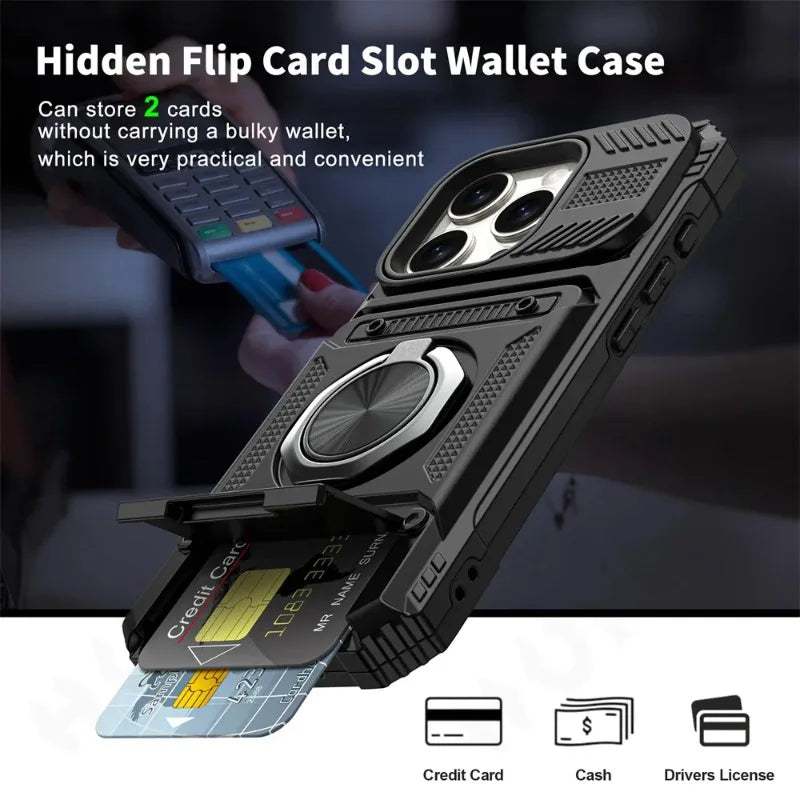 Magnetic Ring Kickstand iPhone Case – Heavy Duty Drop Protection Wallet Cover for iPhone 16/15/14/13/12/11 Pro Max, XS, XR, 8 & 7 Plus