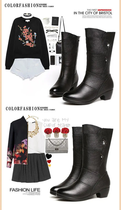 2024 Women’s Fashion Mid-Calf Boots – Waterproof Leather, Anti-Slip Zipper Winter Footwear