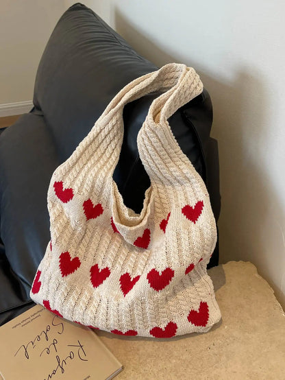 Heart Pattern Color-Block Crochet Handbag – Large Capacity Shoulder Beach & Commute Tote Bag, Fashion Versatile Daily Carry Bag