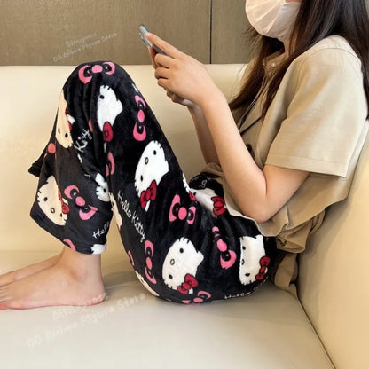 Hello Kitty Black Anime Flannel Pajamas - Women's Warm and Cozy Casual Home Pants
