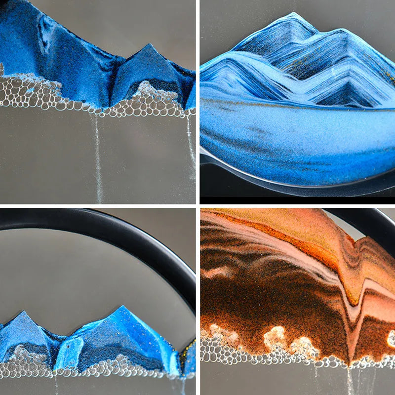 3D Round Glass Deep Sea Sandscape - Moving Sand Art Hourglass, Flowing Quicksand Craft Painting for Office and Home Decor