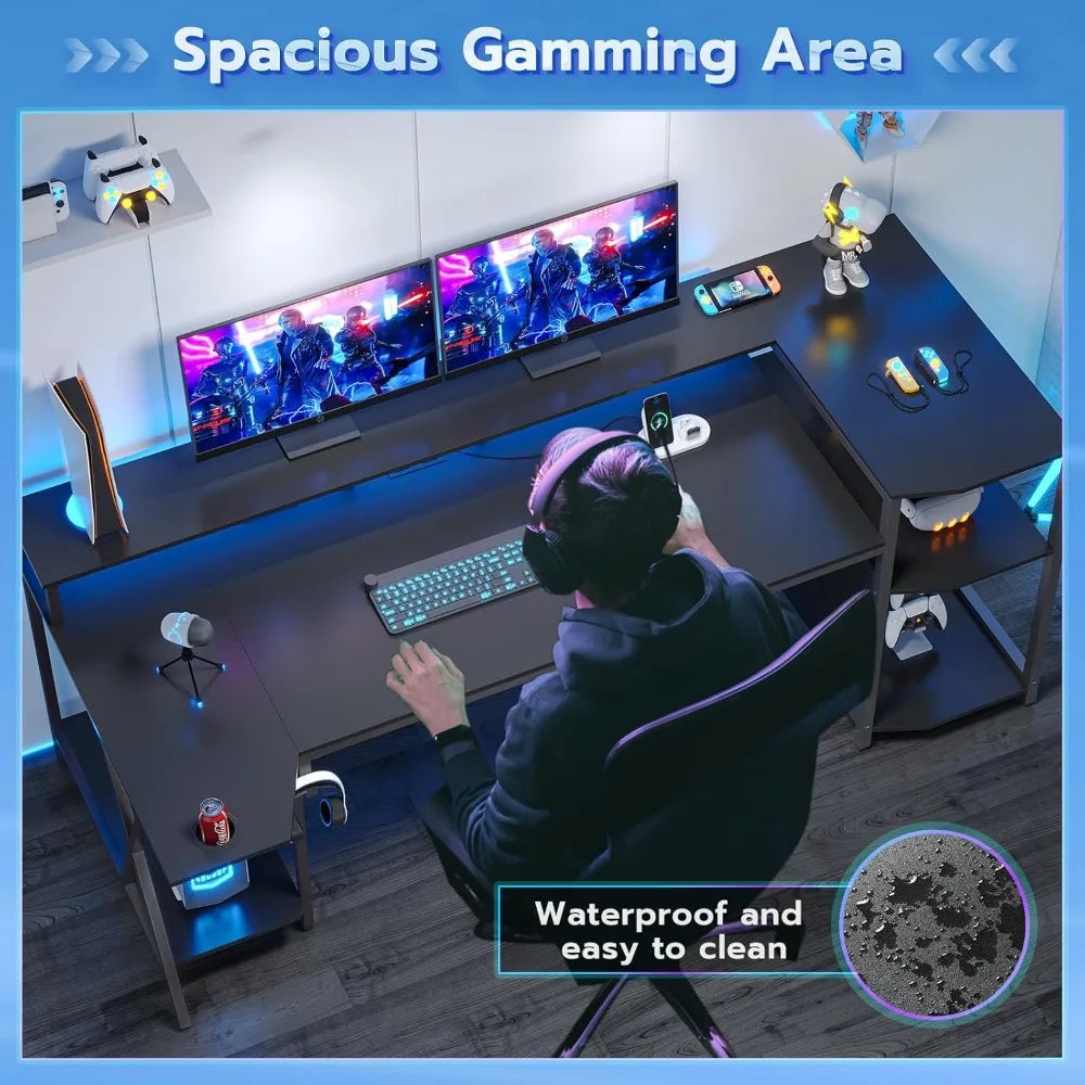 70.8'' Gaming Desk with LED Lights – Computer Desk with Storage Shelves, Monitor Stand, Power Outlets & Cup Holder