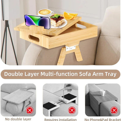 Sofa Armrest Tray with Storage Box – Bamboo Couch Arm Table with 360° Rotating Top & Phone Stand
