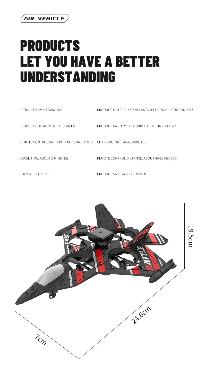 RC Plane with Camera – Remote Control Helicopter, Obstacle Avoidance, 2.4G EPP Foam Fighter Aircraft for Kids