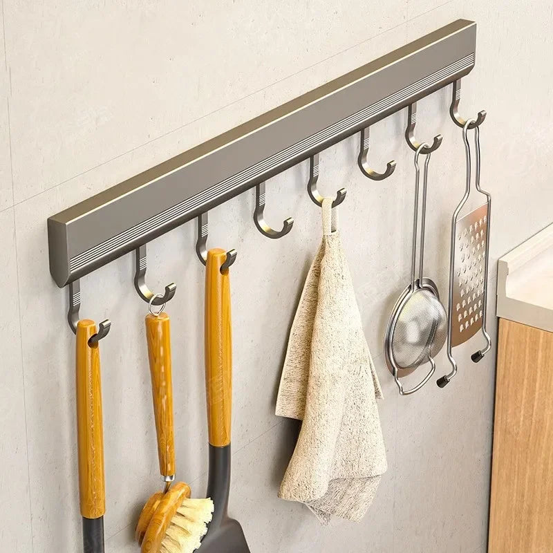 Wall Mounted Hooks Rack | Punch-Free Kitchen Utensils Storage Row Hook Holder | Multi-Purpose Bathroom Robe Towel Coat Hangers