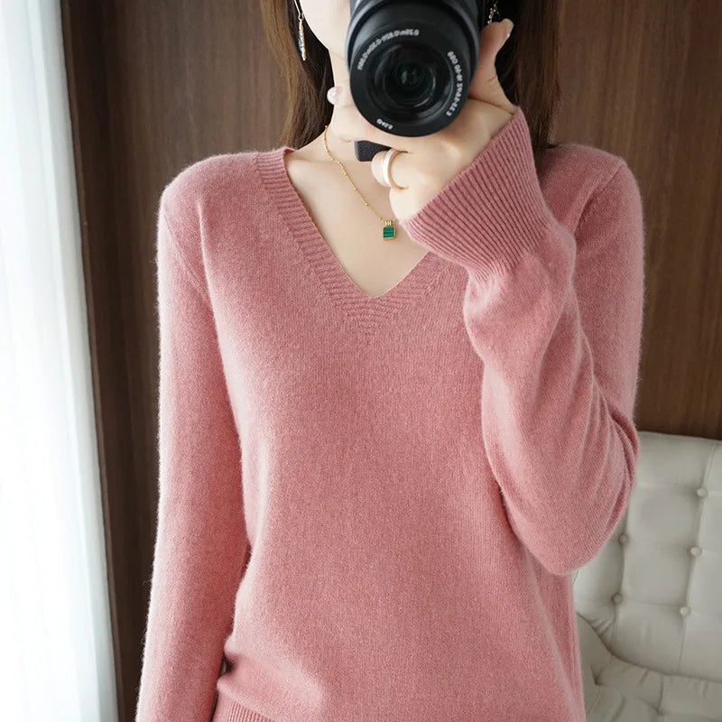 New Women’s Cashmere V-Neck Pullover – Lace Hollow Out Long Sleeve Knitted Sweater for Fall & Winter