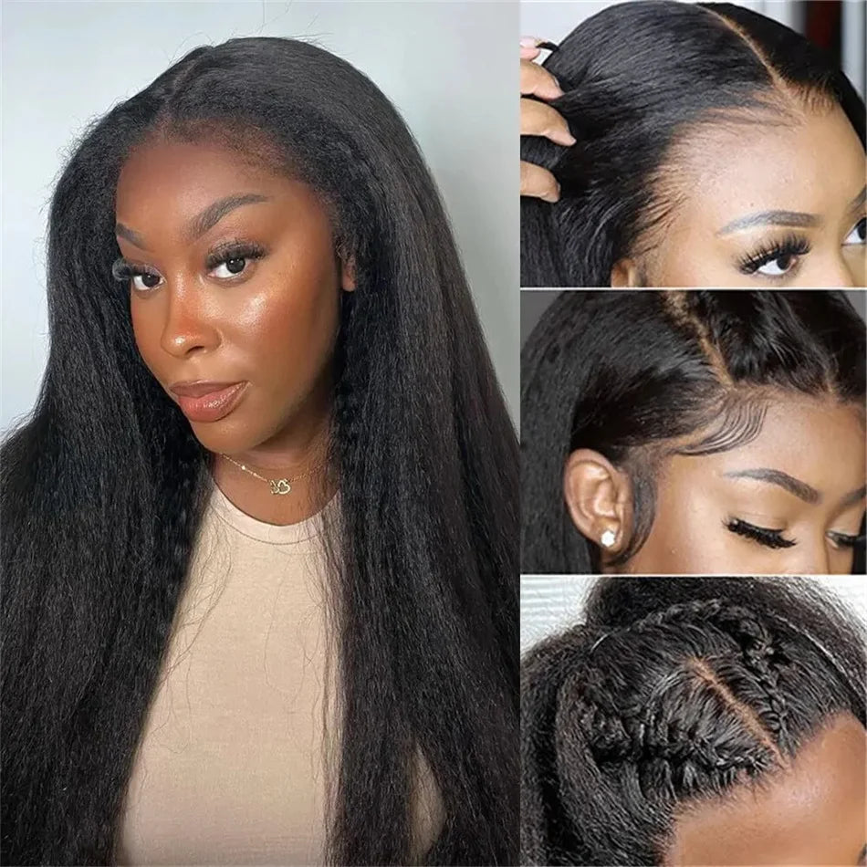 Kinky Straight 13x4 Lace Front Wig – Brazilian Human Hair, Bone Colored Yaki Straight, Transparent Lace Frontal Wig for Women