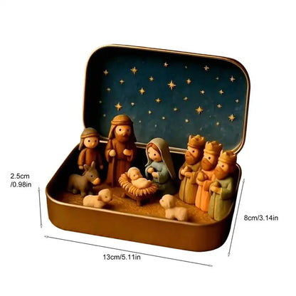 Mini Christmas Nativity Set - Pocket Size Tin Box Jesus Birth Display Decor for Home, Office & Bedroom