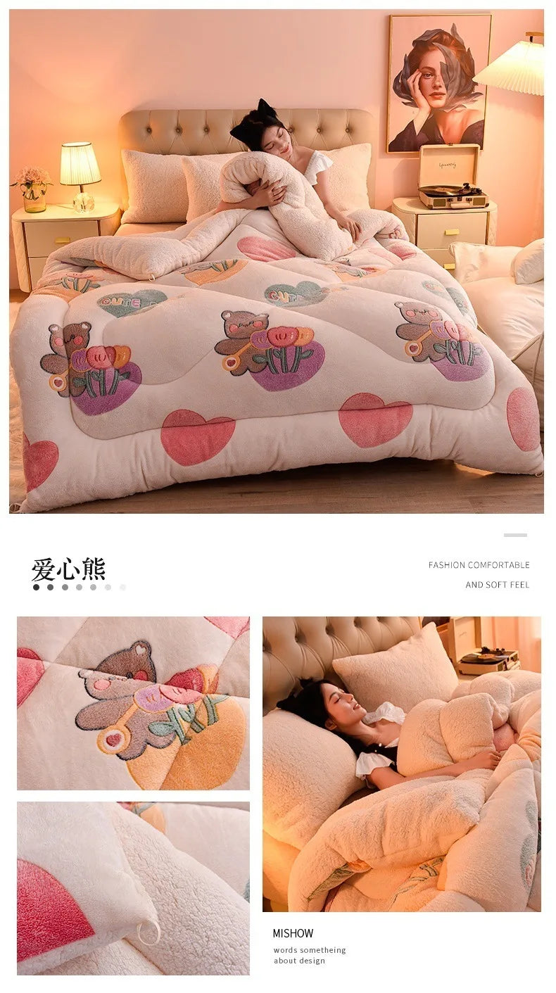 Plush Winter Lamb Velvet Quilt – Thickened Cotton, Double-Sided Warm Lamb Wool Blanket for Single & Double Beds